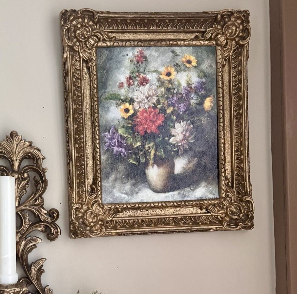 Vntg 1969 Burwood Products Wall Plaque Decor Gold Frame w/Floral Picture 12x14